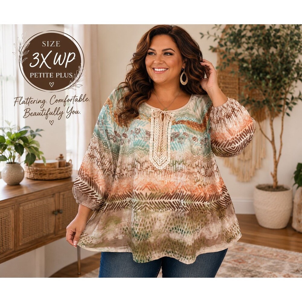 Catherines 3XWP 26W-28W PETITE PLUS Boho Peasant Blouse Tie Neck 3/4 Sleeve Size